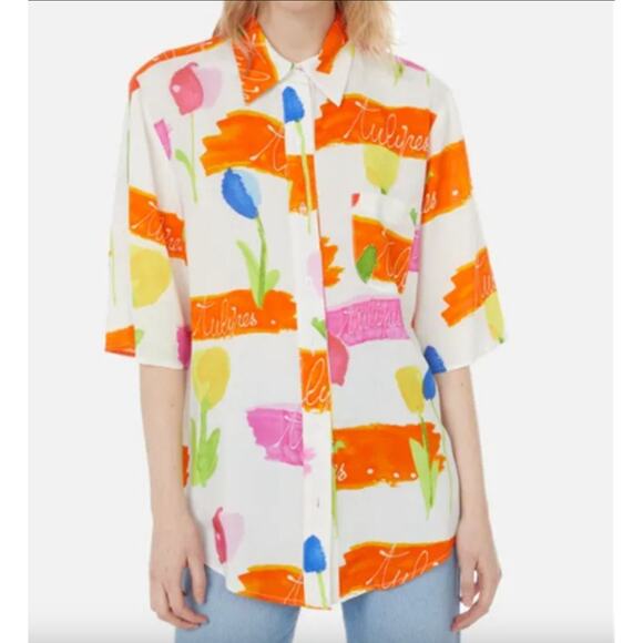 Collina Strada Tulips Oversized‎ Printed Short Sleeve Women's Shirt Large - Picture 1 of 9